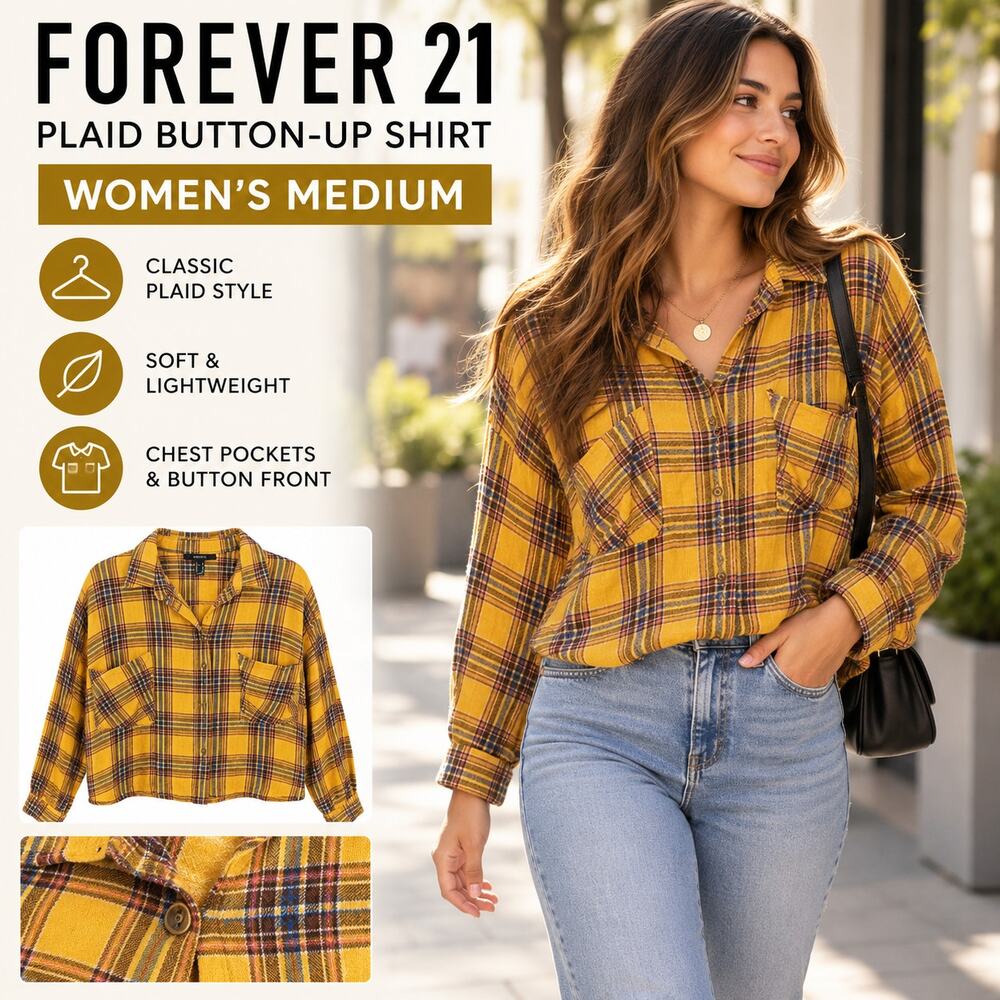 Forever 21 Mustard Yellow Plaid Button-Up Shirt | Women’s Medium